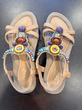 Siketju Tan Embellished Beaded Women's Sandals